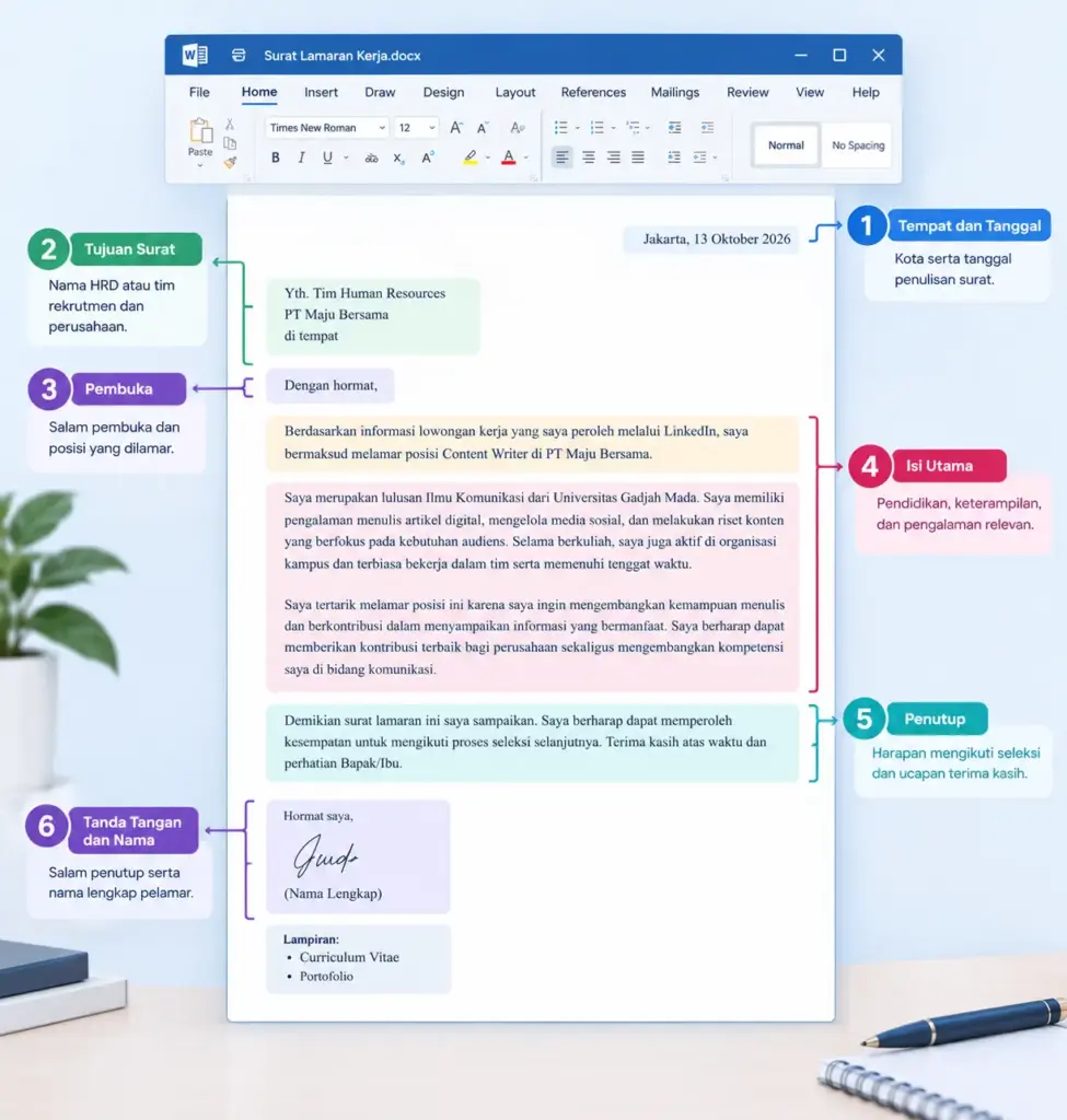 Contoh surat lamaran kerja di Microsoft Word dengan enam bagian berlabel"