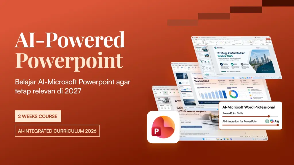 Banner kelas AI-Integrated Microsoft Word dari Certifa Academy berdurasi 2 minggu, menampilkan dokumen Word dan ikon tools AI