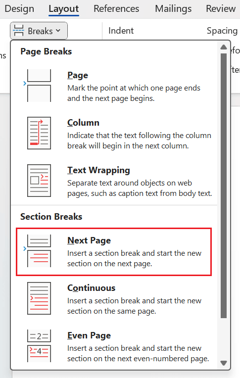 Menu Layouts Breaks di Microsoft Word untuk membuat Section Break nomor halaman berbeda