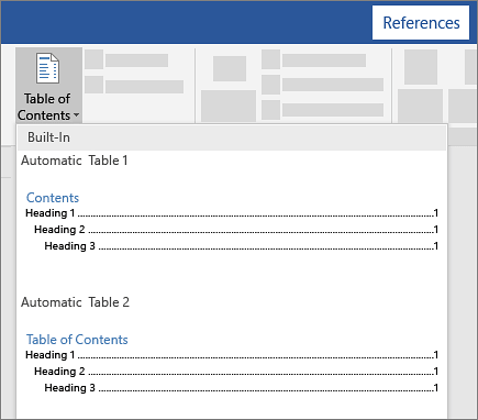 Menu Table of Contents di tab References Microsoft Word untuk membuat daftar isi otomatis