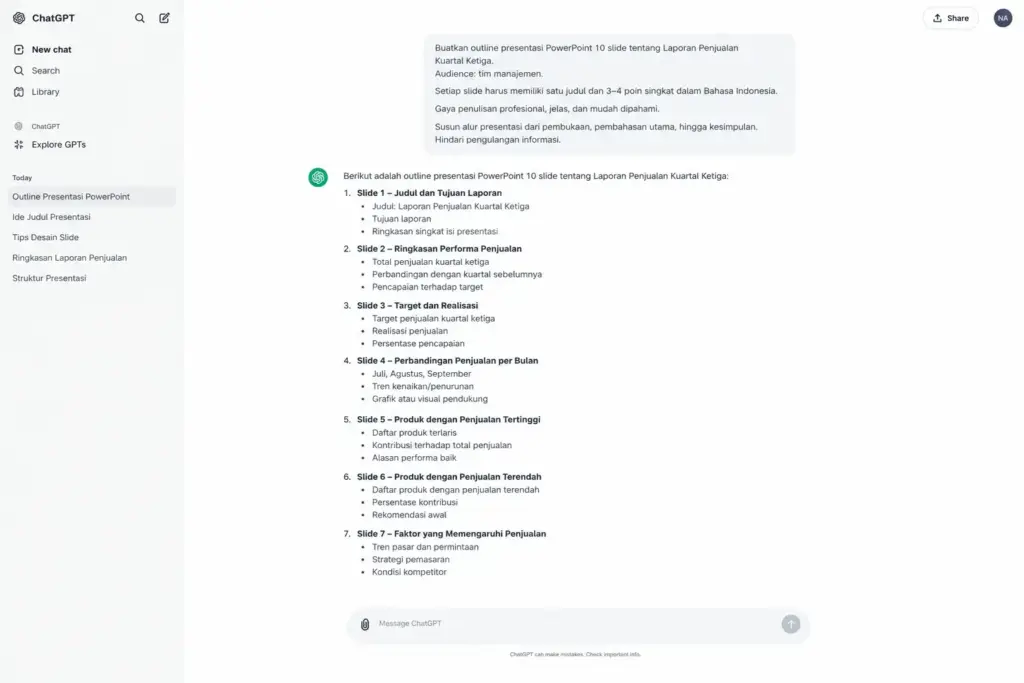 Contoh prompt ChatGPT untuk membuat outline presentasi PowerPoint